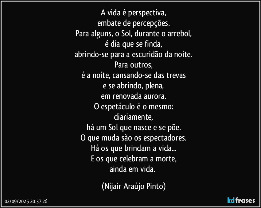A vida é perspectiva,
embate de percepções.
Para alguns, o Sol, durante o arrebol,
é dia que se finda,
abrindo-se para a escuridão da noite.
Para outros,
é a noite, cansando-se das trevas
e se abrindo, plena,
em renovada aurora.
O espetáculo é o mesmo:
diariamente,
há um Sol que nasce e se põe.
O que muda são os espectadores.
Há os que brindam a vida...
E os que celebram a morte,
ainda em vida. (Nijair Araújo Pinto)