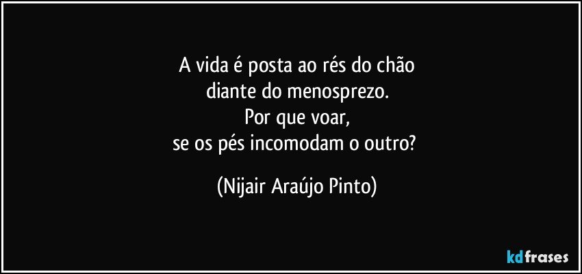 A vida é posta ao rés do chão
diante do menosprezo.
Por que voar,
se os pés incomodam o outro? (Nijair Araújo Pinto)