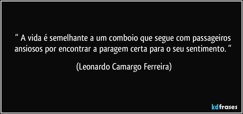 “ A vida é semelhante a um comboio que segue com passageiros ansiosos por encontrar a paragem certa para o seu sentimento. “ (Leonardo Camargo Ferreira)