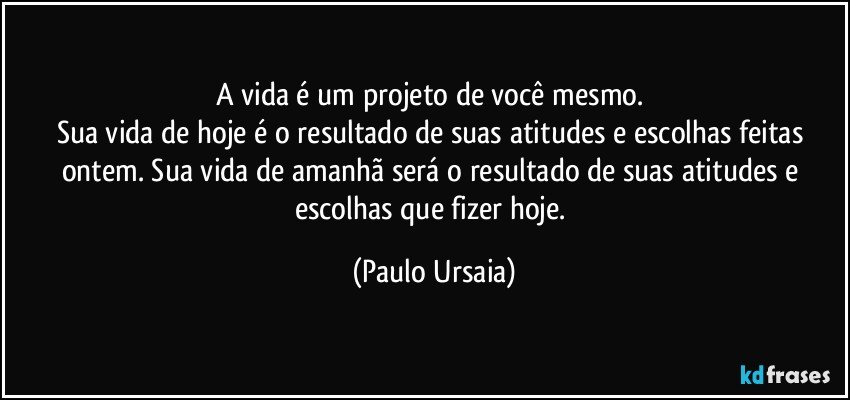 A vida é um projeto de você mesmo. 
Sua vida de hoje é o resultado de suas atitudes e escolhas feitas ontem. Sua vida de amanhã será o resultado de suas atitudes e escolhas que fizer hoje. (Paulo Ursaia)