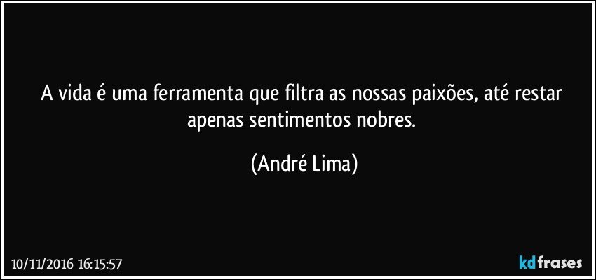 A vida é uma ferramenta que filtra as nossas paixões, até restar apenas sentimentos nobres. (André Lima)