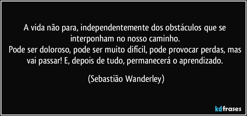 A vida não para, independentemente dos obstáculos que se interponham no nosso caminho. 
Pode ser doloroso, pode ser muito difícil, pode provocar perdas, mas vai passar! E, depois de tudo, permanecerá o aprendizado. (Sebastião Wanderley)