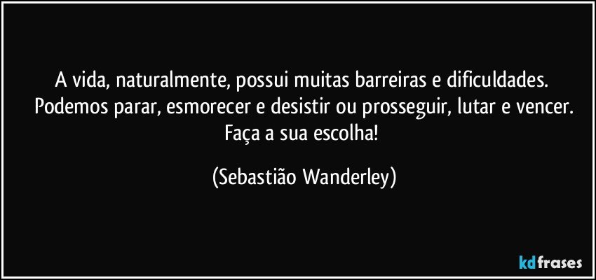 A vida, naturalmente, possui muitas barreiras e dificuldades. Podemos parar, esmorecer e desistir ou prosseguir, lutar e vencer.
Faça a sua escolha! (Sebastião Wanderley)
