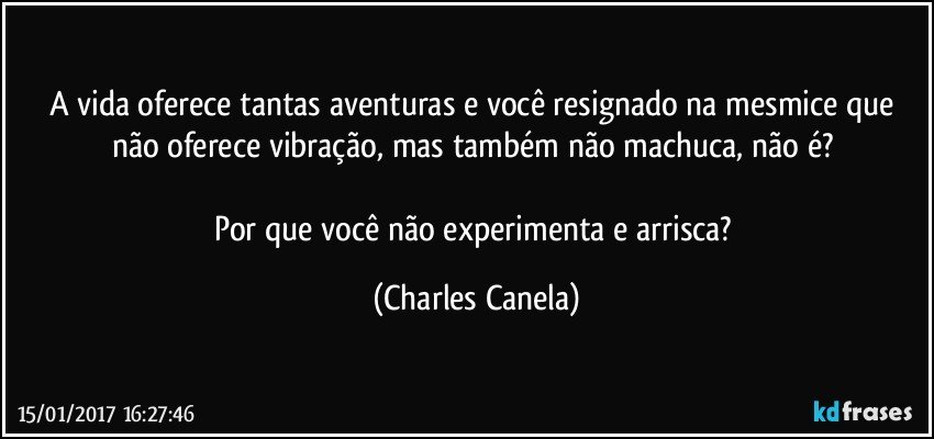 A vida oferece tantas aventuras e você resignado na mesmice que não oferece vibração, mas também não machuca, não é? 

Por que você não experimenta e arrisca? (Charles Canela)