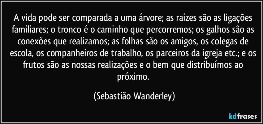 A vida pode ser comparada a uma árvore; as raízes são as ligações familiares; o tronco é o caminho que percorremos; os galhos são as conexões que realizamos; as folhas são os amigos, os colegas de escola, os companheiros de trabalho, os parceiros da igreja etc.; e os frutos são as nossas realizações e o bem que distribuímos ao próximo. (Sebastião Wanderley)