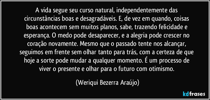 A vida segue seu curso natural, independentemente das circunstâncias boas e desagradáveis. E, de vez em quando, coisas boas acontecem sem muitos planos, sabe, trazendo felicidade e esperança. O medo pode desaparecer, e a alegria pode crescer no coração novamente. Mesmo que o passado tente nos alcançar, seguimos em frente sem olhar tanto para trás, com a certeza de que hoje a sorte pode mudar a qualquer momento. É um processo de viver o presente e olhar para o futuro com otimismo. (Weriqui Bezerra Araújo)