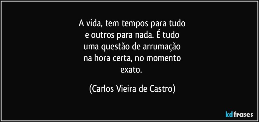 A vida, tem tempos para tudo
e outros para nada. É tudo
uma questão de arrumação
na hora certa, no momento
exato. (Carlos Vieira de Castro)