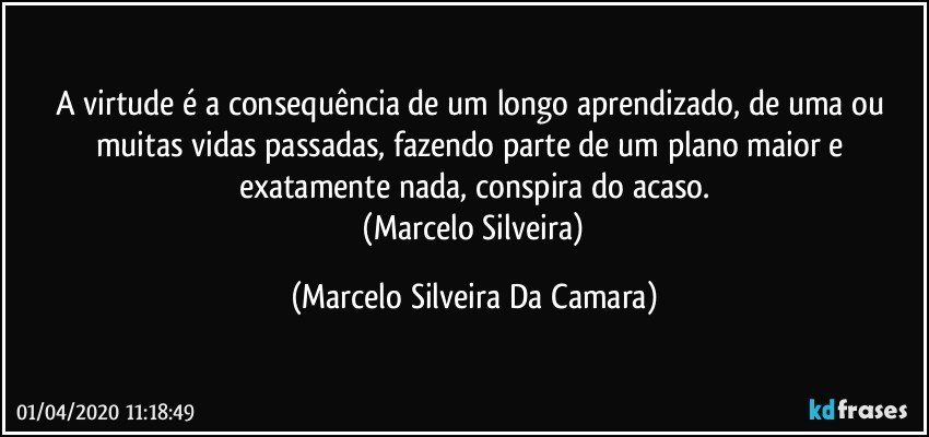 A virtude é a consequência de um longo aprendizado,  de uma ou muitas vidas passadas, fazendo parte de um plano maior e exatamente nada, conspira do acaso.
 (Marcelo Silveira) (Marcelo Silveira Da Camara)