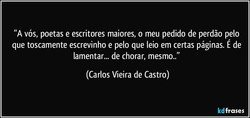 “A vós, poetas e escritores maiores, o meu pedido de perdão pelo que toscamente escrevinho e pelo que leio em certas páginas. É de lamentar... de chorar, mesmo..” (Carlos Vieira de Castro)