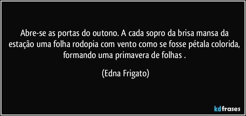 Abre-se as portas do outono. A cada sopro da brisa mansa da estação uma folha rodopia com vento como se fosse pétala colorida, formando uma primavera de folhas . (Edna Frigato)