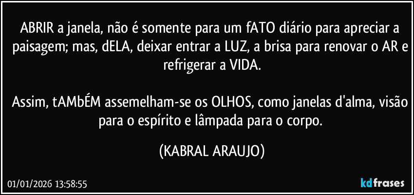 ABRIR a janela, não é somente para um fATO diário para apreciar a paisagem; mas, dELA, deixar entrar a LUZ, a brisa para renovar o AR e refrigerar a VIDA.

Assim, tAMbÉM assemelham-se os OLHOS, como janelas d'alma, visão para o espírito e lâmpada para o corpo. (KABRAL ARAUJO)