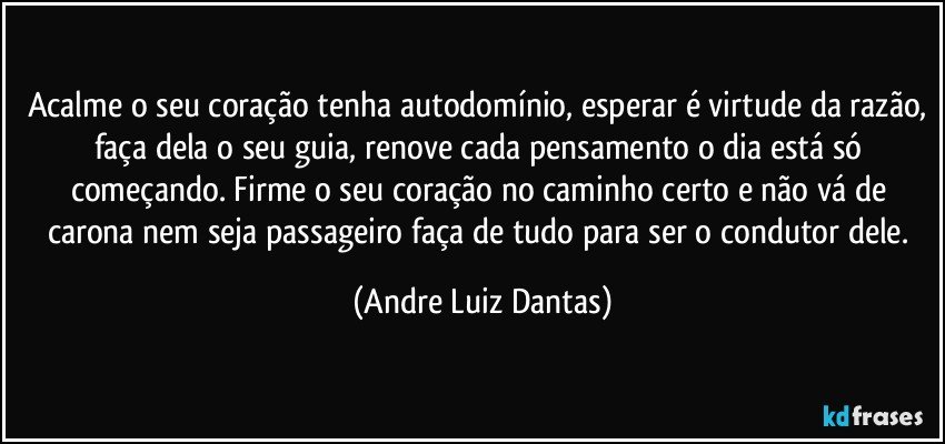 Acalme o seu coração tenha autodomínio, esperar é virtude da razão, faça dela o seu guia, renove cada pensamento o dia está só começando. Firme o seu coração no caminho certo e não vá de carona nem seja passageiro faça de tudo para ser o condutor dele. (Andre Luiz Dantas)