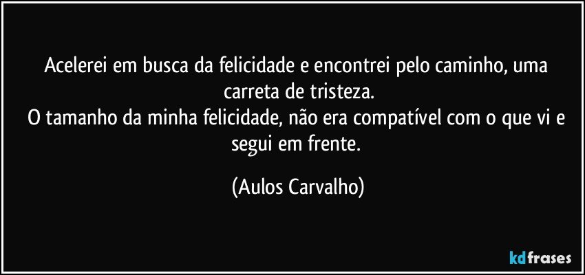 Acelerei em busca da felicidade e encontrei pelo caminho, uma carreta de tristeza.
O tamanho da minha felicidade, não era compatível com o que vi e segui em frente. (Aulos Carvalho)