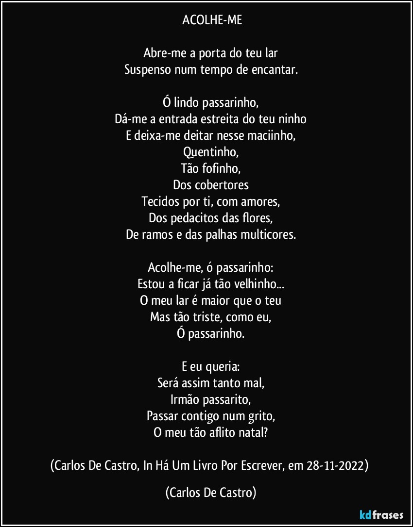 ⁠ACOLHE-ME

Abre-me a porta do teu lar
Suspenso num tempo de encantar.

Ó lindo passarinho,
Dá-me a entrada estreita do teu ninho
E deixa-me deitar nesse maciinho,
Quentinho,
Tão fofinho,
Dos cobertores
Tecidos por ti, com amores,
Dos pedacitos das flores,
De ramos e das palhas multicores.

Acolhe-me, ó passarinho:
Estou a ficar já tão velhinho...
O meu lar é maior que o teu
Mas tão triste, como eu,
Ó passarinho.

E eu queria:
Será assim tanto mal,
Irmão passarito,
Passar contigo num grito,
O meu tão aflito natal?

(Carlos De Castro, In Há Um Livro Por Escrever, em 28-11-2022) (Carlos De Castro)