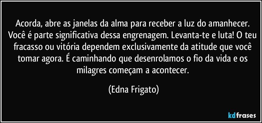 Acorda, abre as janelas da alma para receber a luz do amanhecer. Você é parte significativa dessa engrenagem. Levanta-te e luta! O teu fracasso ou vitória dependem exclusivamente da atitude que você tomar agora. É caminhando que desenrolamos o fio da vida e os milagres começam a acontecer. (Edna Frigato)