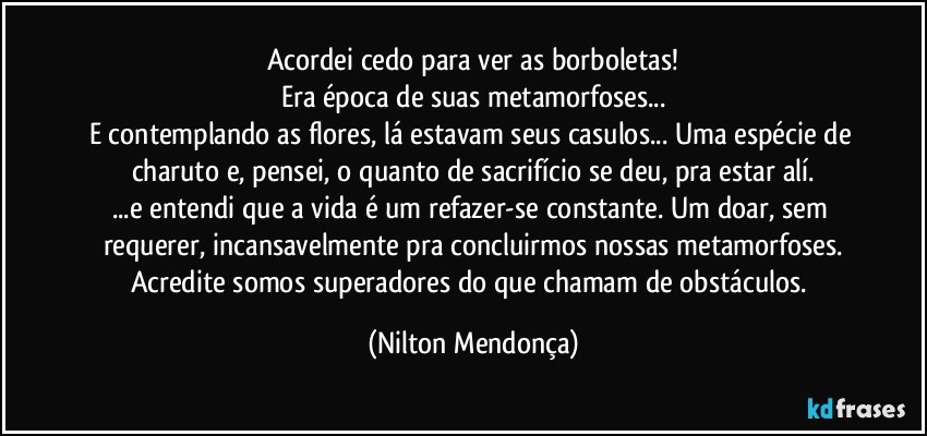 Acordei cedo para ver as borboletas!
Era época de suas metamorfoses...
E contemplando as flores, lá estavam seus casulos... Uma espécie de charuto e, pensei, o quanto de sacrifício se deu, pra estar alí.
...e entendi que a vida é um refazer-se constante. Um doar, sem requerer, incansavelmente pra concluirmos nossas metamorfoses.
Acredite somos superadores do que chamam de obstáculos. (Nilton Mendonça)