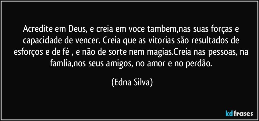 Acredite em Deus, e creia em voce tambem,nas suas forças e capacidade de vencer. Creia que as vitorias são resultados de esforços e de fé , e não de sorte nem magias.Creia nas pessoas, na famlia,nos seus amigos, no amor e no perdão. (Edna Silva)