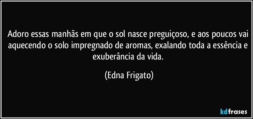 Adoro essas manhãs em que o sol nasce preguiçoso, e aos poucos vai aquecendo o solo impregnado de aromas, exalando toda a essência e exuberância da vida. (Edna Frigato)