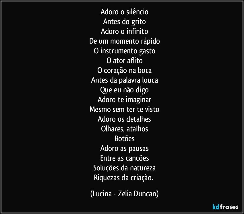 Adoro o silêncio
Antes do grito
Adoro o infinito
De um momento rápido
O instrumento gasto
O ator aflito
O coração na boca
Antes da palavra louca
Que eu não digo
Adoro te imaginar
Mesmo sem ter te visto
Adoro os detalhes
Olhares, atalhos
Botões
Adoro as pausas
Entre as cancões
Soluções da natureza
Riquezas da criação. (Lucina - Zelia Duncan)