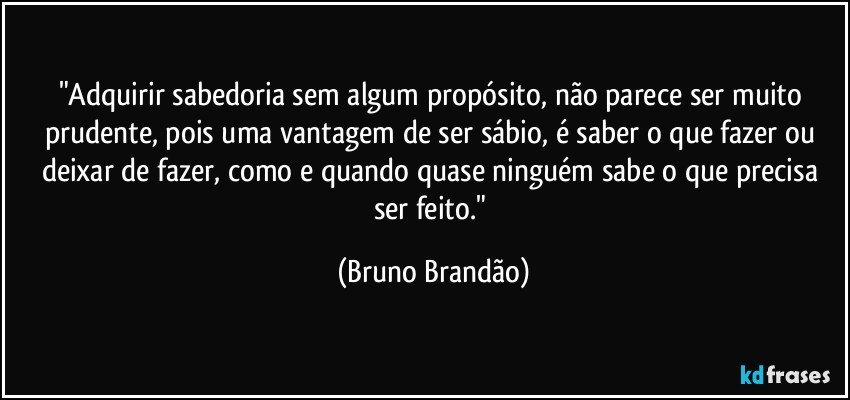 "Adquirir sabedoria sem algum propósito, não parece ser muito prudente, pois uma vantagem de ser sábio, é saber o que fazer ou deixar de fazer,  como e quando  quase ninguém sabe o que precisa ser feito." (Bruno Brandão)