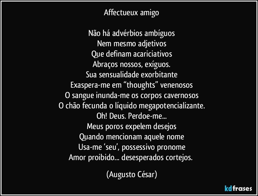 Affectueux amigo

Não há advérbios ambíguos
Nem mesmo adjetivos
Que definam acariciativos
Abraços nossos, exíguos.
Sua sensualidade exorbitante
Exaspera-me em “thoughts” venenosos
O sangue inunda-me os corpos cavernosos
O chão fecunda o líquido megapotencializante.
Oh! Deus. Perdoe-me...
Meus poros expelem desejos
Quando mencionam aquele nome
Usa-me ‘seu’, possessivo pronome
Amor proibido... desesperados cortejos. (Augusto César)