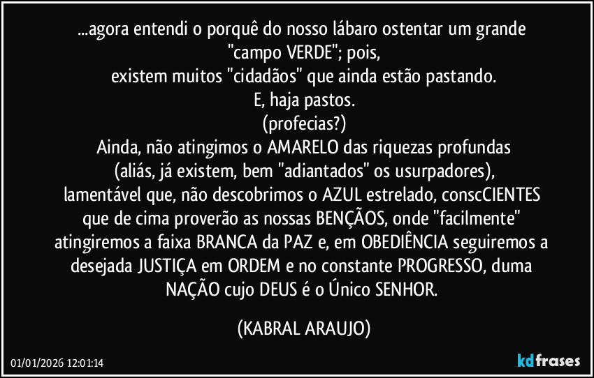 ...agora entendi o porquê do nosso lábaro ostentar um grande "campo VERDE"; pois,
existem muitos "cidadãos" que ainda estão pastando.
E, haja pastos.
(profecias?)
Ainda, não atingimos o AMARELO das riquezas profundas
(aliás, já existem, bem "adiantados" os usurpadores),
lamentável que, não descobrimos o AZUL estrelado, conscCIENTES que de cima proverão as nossas BENÇÃOS, onde "facilmente" atingiremos a faixa BRANCA da PAZ e, em OBEDIÊNCIA seguiremos a desejada JUSTIÇA em ORDEM e no constante PROGRESSO, duma NAÇÃO cujo DEUS é o Único SENHOR. (KABRAL ARAUJO)