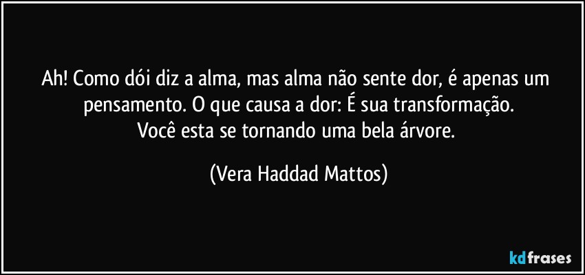 Ah! Como  dói  diz a alma, mas alma não  sente  dor,  é  apenas um pensamento. O que  causa a dor:  É  sua transformação.
Você  esta se tornando uma bela árvore. (Vera Haddad Mattos)