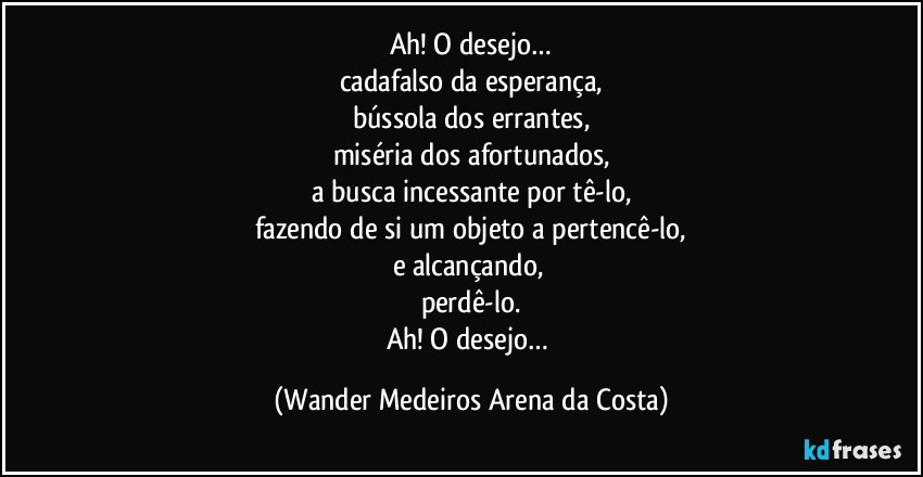 Ah! O desejo…
cadafalso da esperança,
bússola dos errantes,
miséria dos afortunados,
a busca incessante por tê-lo,
fazendo de si um objeto a pertencê-lo,
e alcançando, 
perdê-lo.
Ah! O desejo… (Wander Medeiros Arena da Costa)