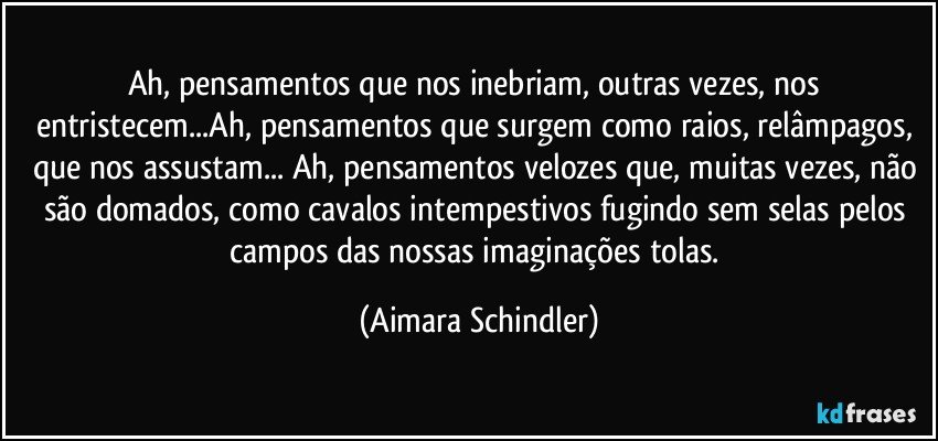 Ah, pensamentos que nos inebriam, outras vezes, nos entristecem...Ah, pensamentos que surgem como raios, relâmpagos, que nos assustam... Ah, pensamentos velozes que, muitas vezes, não são domados, como cavalos intempestivos fugindo sem selas pelos campos das nossas imaginações tolas. (Aimara Schindler)