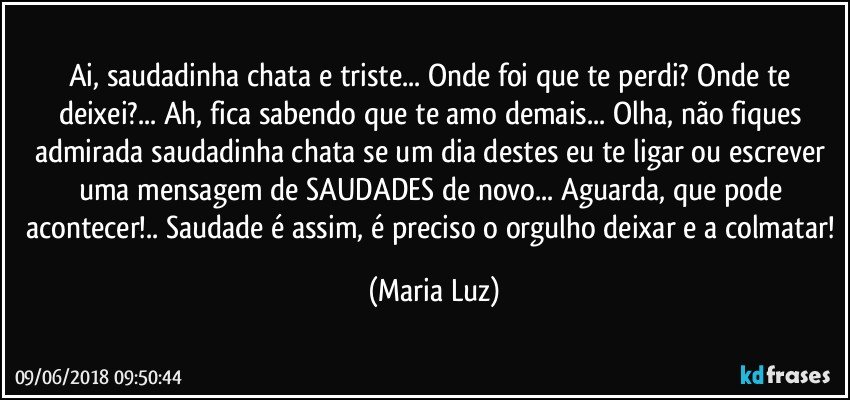 Ai, saudadinha chata e triste... Onde foi que te perdi? Onde te deixei?... Ah, fica sabendo que te amo demais... Olha, não fiques admirada saudadinha chata se um dia destes eu te ligar ou escrever uma mensagem de SAUDADES de novo... Aguarda, que pode acontecer!.. Saudade é assim, é preciso o orgulho deixar e a colmatar! (Maria Luz)