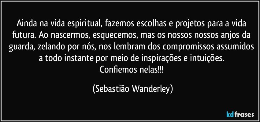 Ainda na vida espiritual, fazemos escolhas e projetos para a vida futura. Ao nascermos, esquecemos, mas os nossos nossos anjos da guarda, zelando por nós, nos lembram dos compromissos assumidos a todo instante por meio de inspirações e intuições. 
Confiemos nelas!!! (Sebastião Wanderley)