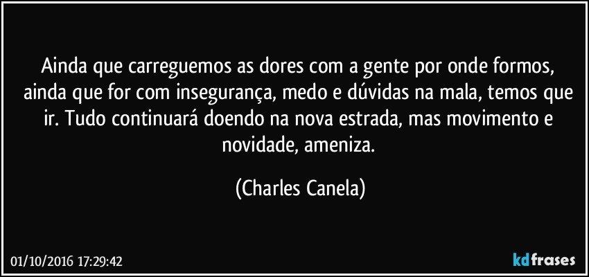 Ainda que carreguemos as dores com a gente por onde formos, ainda que for com insegurança, medo e dúvidas na mala, temos que ir. Tudo continuará doendo na nova estrada, mas movimento e novidade, ameniza. (Charles Canela)