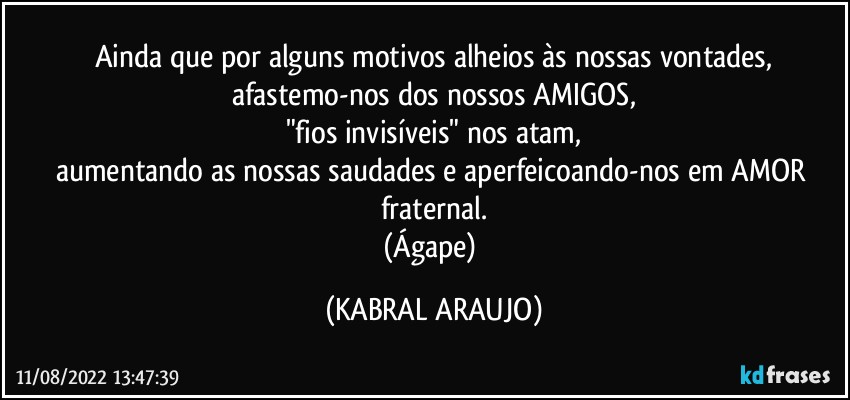 Ainda que por alguns motivos alheios às nossas vontades,
afastemo-nos dos nossos AMIGOS,
"fios invisíveis" nos atam,
aumentando as nossas saudades e aperfeicoando-nos em AMOR fraternal.
(Ágape) (KABRAL ARAUJO)