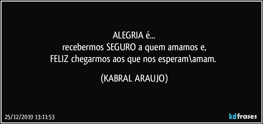 ALEGRIA é...
recebermos SEGURO a quem amamos e,
FELIZ chegarmos aos que nos esperam\amam. (KABRAL ARAUJO)