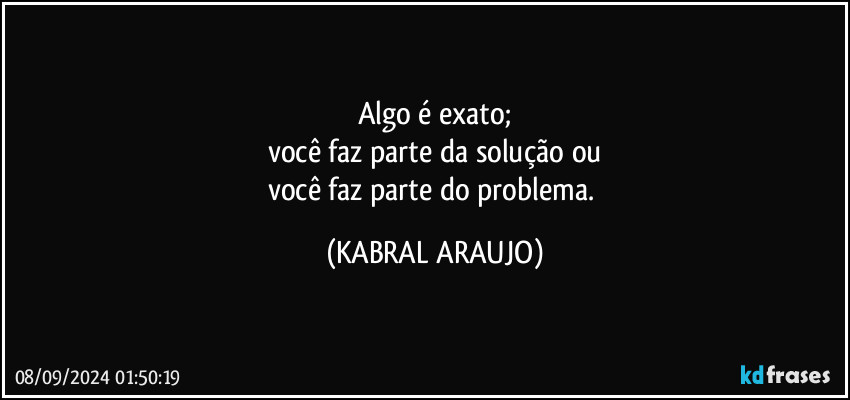 Algo é exato;
você faz parte da solução ou
você faz parte do problema. (KABRAL ARAUJO)