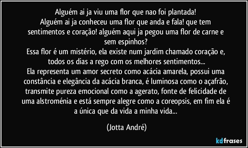 Alguém ai ja viu uma flor que nao foi plantada! 
Alguém ai ja conheceu uma flor que anda e fala! que tem sentimentos e coração! alguém aqui ja pegou uma flor de carne e sem espinhos? 
Essa flor é um mistério, ela existe num jardim chamado coração e, todos os dias a rego com os melhores sentimentos...
Ela representa um amor secreto como acácia amarela, possui uma constância e elegância da acácia branca, é luminosa como o açafrão, transmite pureza emocional como a agerato, fonte de felicidade de uma alstroménia e está sempre alegre como a coreopsis, em fim ela é a única que da vida a minha vida... (Jotta André)