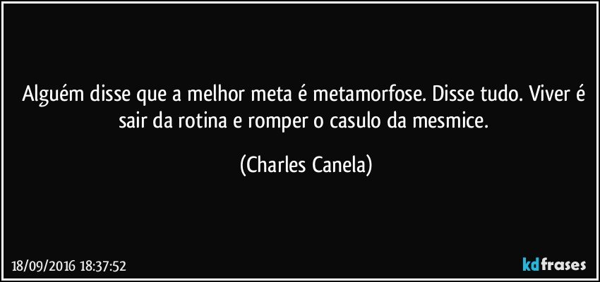 Alguém disse que a melhor meta é metamorfose. Disse tudo. Viver é sair da rotina e romper o casulo da mesmice. (Charles Canela)