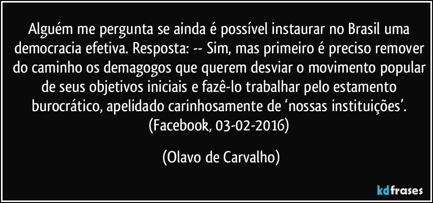 Alguém me pergunta se ainda é possível instaurar no Brasil uma democracia efetiva. Resposta: -- Sim, mas primeiro é preciso remover do caminho os demagogos que querem desviar o movimento popular de seus objetivos iniciais e fazê-lo trabalhar pelo estamento burocrático, apelidado carinhosamente de ‘nossas instituições’. (Facebook, 03-02-2016) (Olavo de Carvalho)