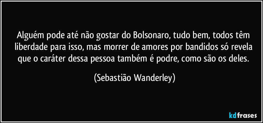Alguém pode até não gostar do Bolsonaro, tudo bem, todos têm liberdade para isso, mas morrer de amores por bandidos só revela que o caráter dessa pessoa também é podre, como são os deles. (Sebastião Wanderley)