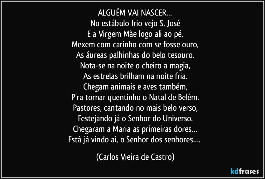 ALGUÉM VAI NASCER…
No estábulo frio vejo S. José
E a Virgem Mãe logo ali ao pé.
Mexem com carinho com se fosse ouro,
As áureas palhinhas do belo tesouro.
Nota-se na noite o cheiro a magia,
As estrelas brilham na noite fria.
Chegam animais e aves também,
P’ra tornar quentinho o Natal de Belém.
Pastores, cantando no mais belo verso,
Festejando já o Senhor do Universo.
Chegaram a Maria as primeiras dores…
Está já vindo aí, o Senhor dos senhores…. (Carlos Vieira de Castro)