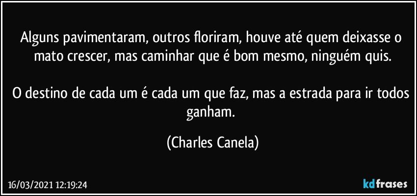 Alguns pavimentaram, outros floriram, houve até quem deixasse o mato crescer, mas caminhar que é bom mesmo, ninguém quis.

O destino de cada um é cada um que faz, mas a estrada para ir todos ganham. (Charles Canela)