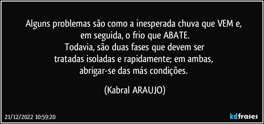 Alguns problemas são como a inesperada chuva que VEM e, 
em seguida, o frio que ABATE.
Todavia, são duas fases que devem ser
tratadas isoladas e rapidamente; em ambas, 
abrigar-se das más condições. (KABRAL ARAUJO)