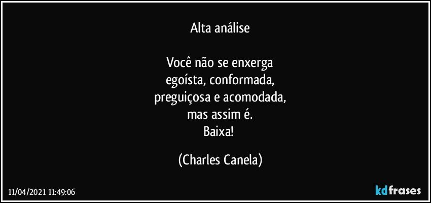 Alta análise

Você não se enxerga
egoísta, conformada,
preguiçosa e acomodada,
mas assim é.
Baixa! (Charles Canela)