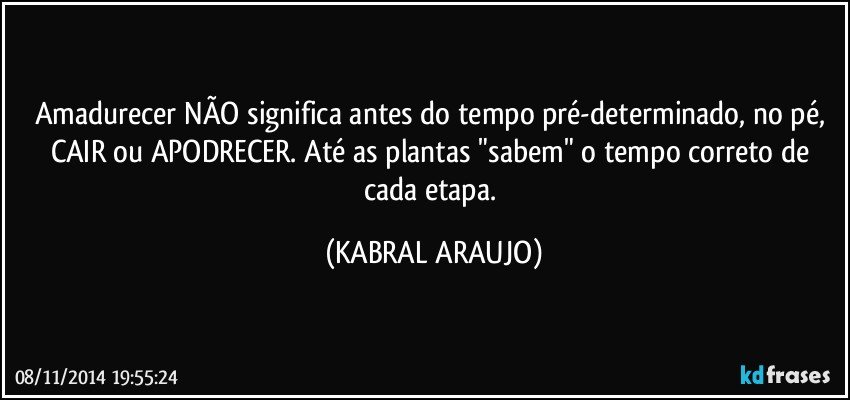 Amadurecer NÃO significa antes do tempo pré-determinado, no pé, CAIR ou APODRECER. Até as plantas "sabem" o tempo correto de cada etapa. (KABRAL ARAUJO)