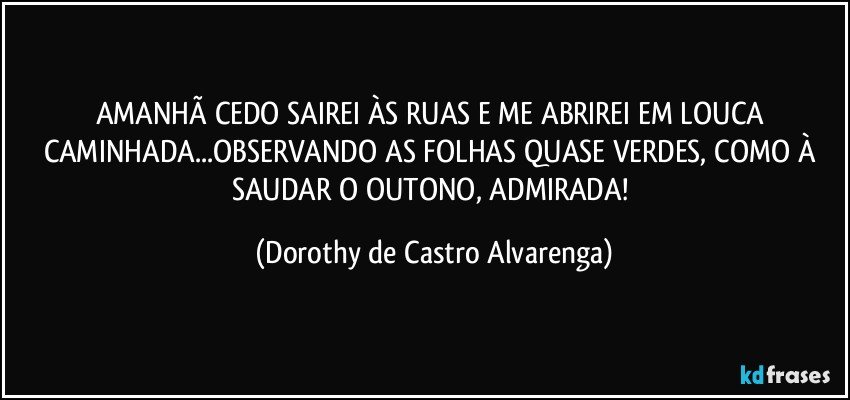 AMANHÃ CEDO SAIREI ÀS RUAS E ME ABRIREI EM LOUCA CAMINHADA...OBSERVANDO AS FOLHAS QUASE VERDES, COMO À SAUDAR O OUTONO, ADMIRADA! (Dorothy de Castro Alvarenga)