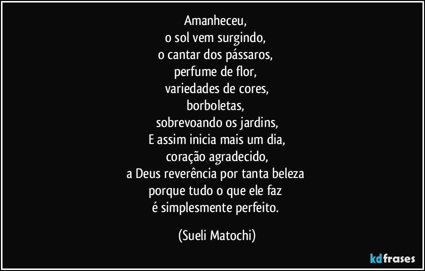 Amanheceu, 
o sol vem surgindo, 
o cantar dos pássaros, 
perfume de flor, 
variedades de cores,
borboletas, 
sobrevoando os jardins,
E assim inicia mais um dia,
coração agradecido,
a Deus reverência por tanta beleza 
porque tudo o que ele faz 
é simplesmente perfeito. (Sueli Matochi)