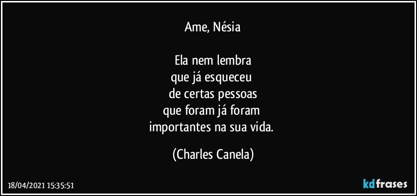 Ame, Nésia

Ela nem lembra
que já esqueceu 
de certas pessoas
que foram já foram 
importantes na sua vida. (Charles Canela)