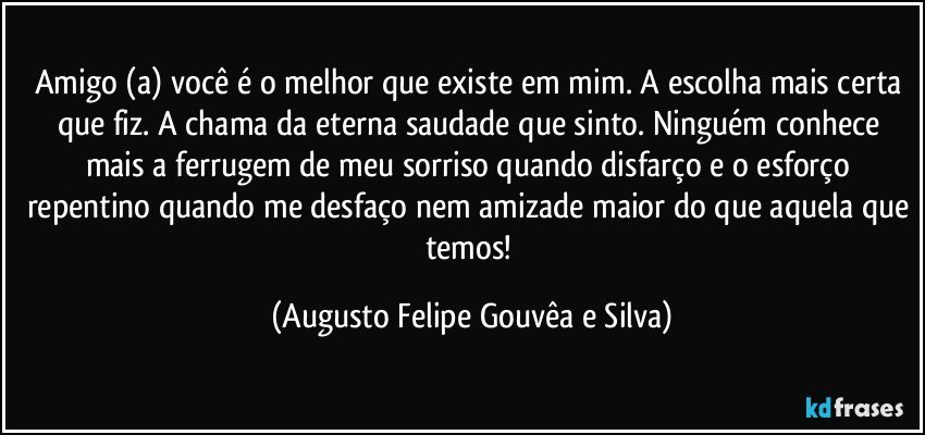 Amigo (a) você é o melhor que existe em mim. A escolha mais certa que fiz. A chama da eterna saudade que sinto. Ninguém conhece mais a ferrugem de meu sorriso quando disfarço e o esforço repentino quando me desfaço nem amizade maior do que aquela que temos! (Augusto Felipe Gouvêa e Silva)