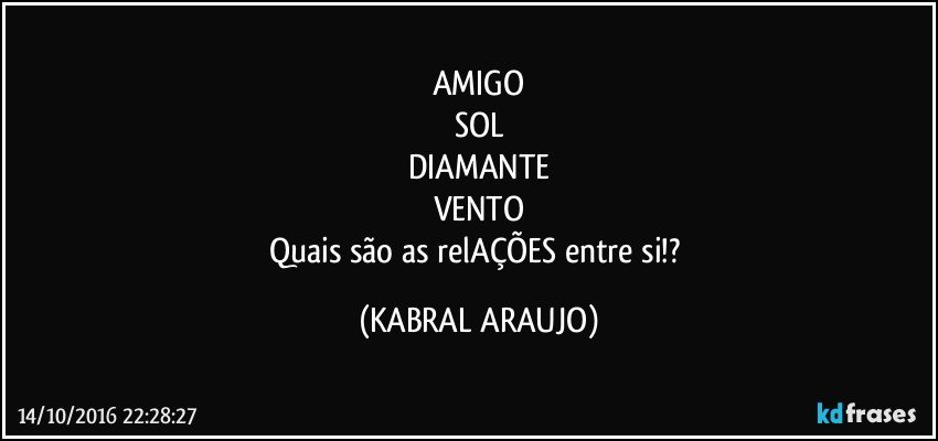 AMIGO
SOL
DIAMANTE
VENTO
Quais são as relAÇÕES entre si!? (KABRAL ARAUJO)