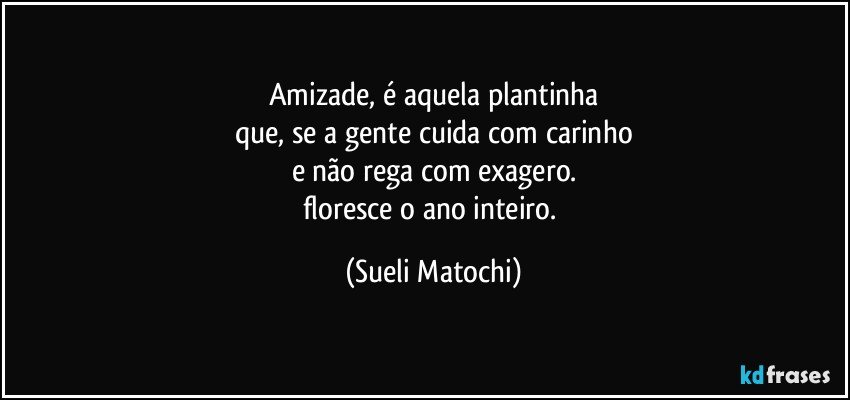 Amizade, é aquela plantinha
que, se a gente cuida com carinho
e não rega com exagero.
floresce o ano inteiro. (Sueli Matochi)